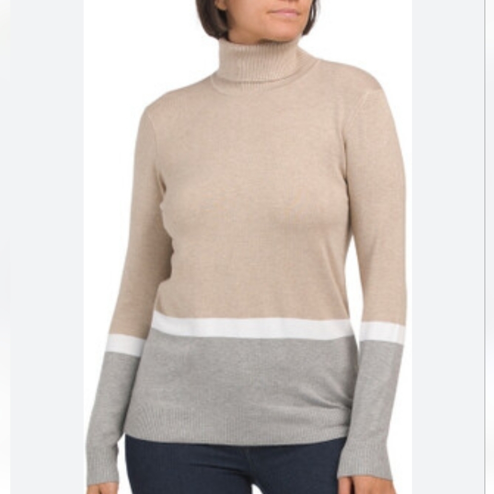 Calvin Klein Color Block Striped Pull On Turtleneck Sweater Top